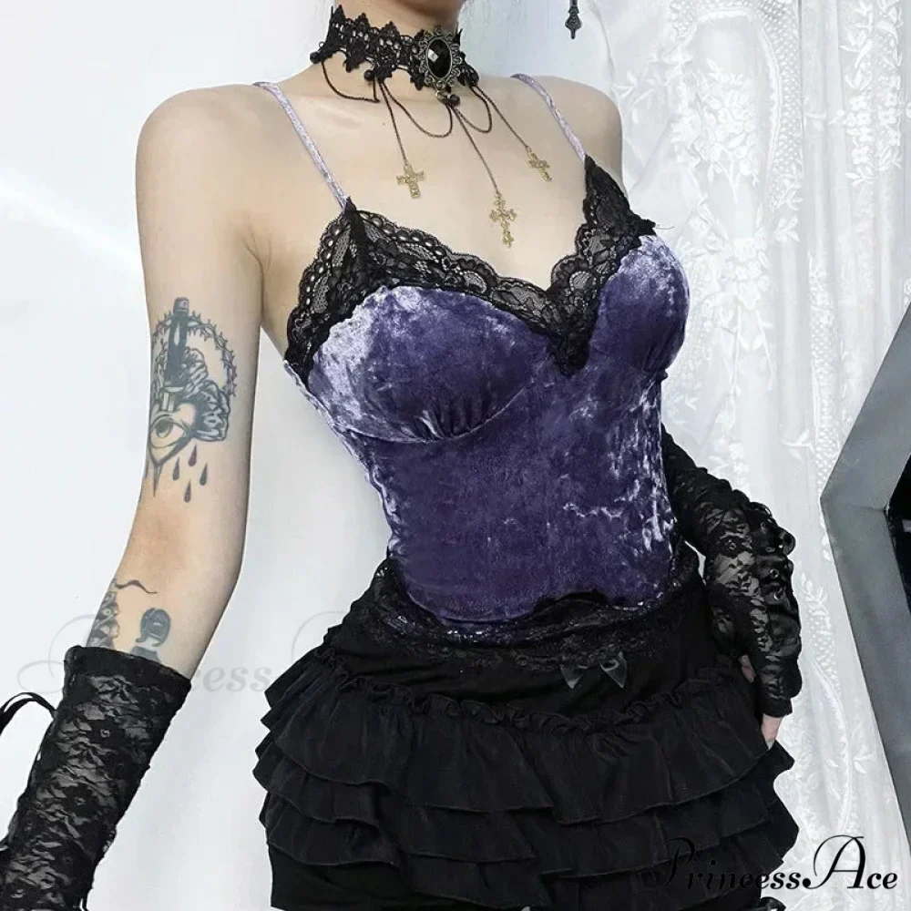 Lace Gothic Aesthetic Velvet Grunge Punk Bodycon V-neck Elegant Classic Crop Top - Image 2