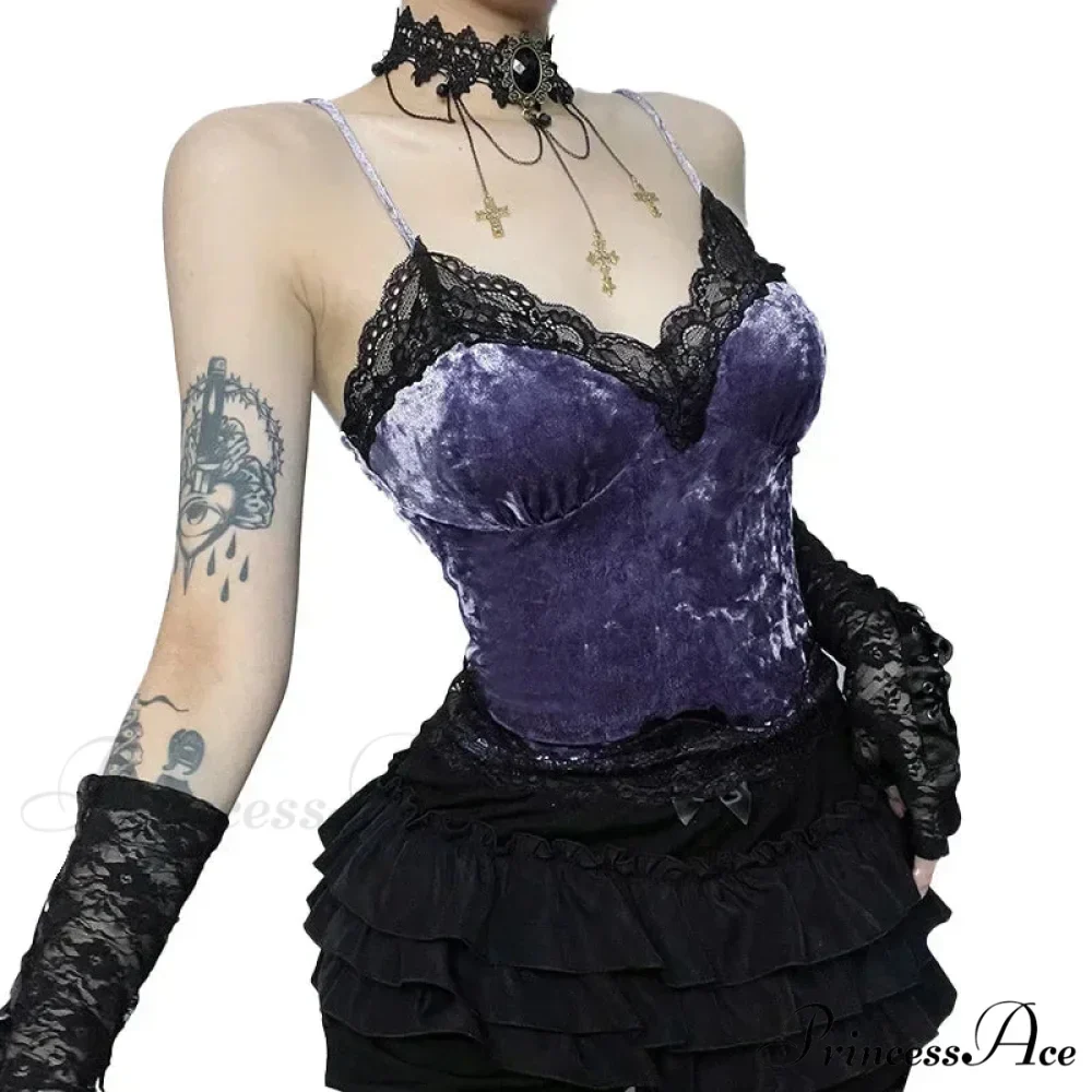 Lace Gothic Aesthetic Velvet Grunge Punk Bodycon V-neck Elegant Classic Crop Top - Image 3