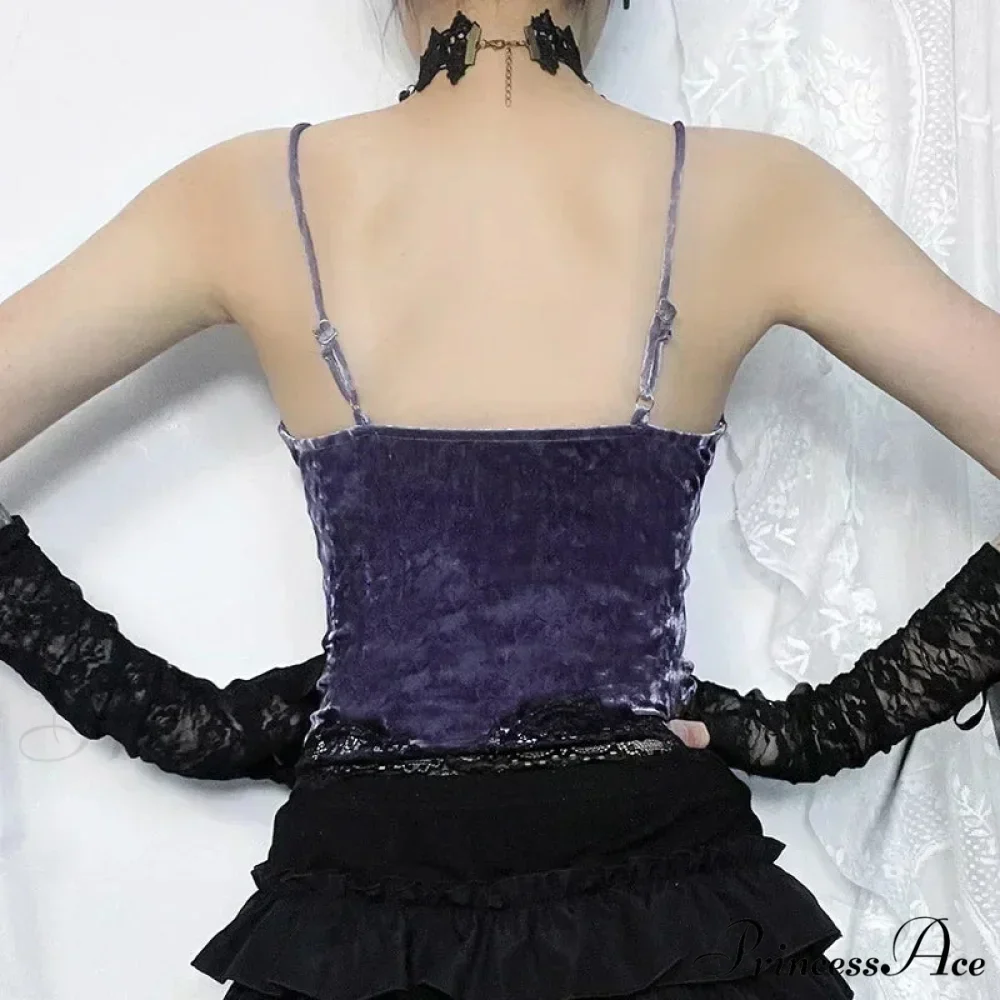 Lace Gothic Aesthetic Velvet Grunge Punk Bodycon V-neck Elegant Classic Crop Top - Image 4