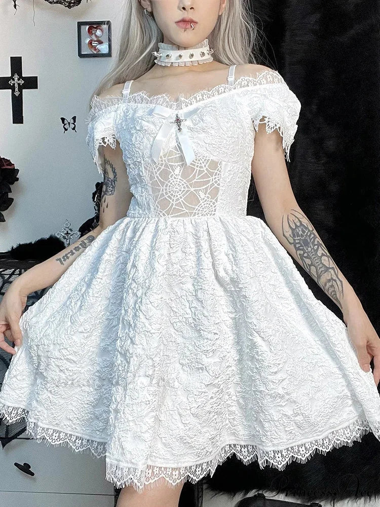Goth Y2K Fairy Grunge Aesthetic Lace Pattern Spider Web See Through Jacquard Off Shoulder Dress - Image 3