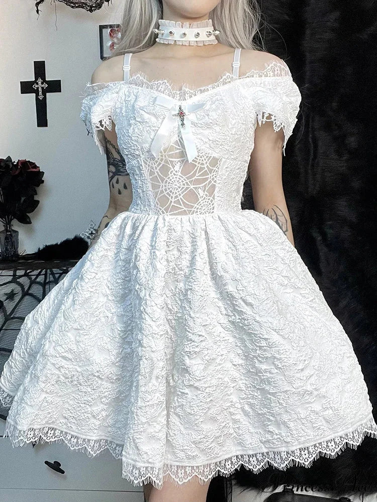 Goth Y2K Fairy Grunge Aesthetic Lace Pattern Spider Web See Through Jacquard Off Shoulder Dress - Image 4