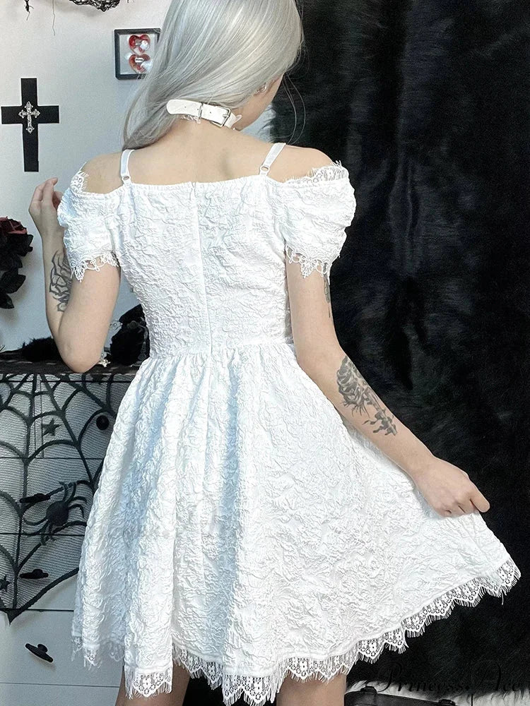 Goth Y2K Fairy Grunge Aesthetic Lace Pattern Spider Web See Through Jacquard Off Shoulder Dress - Image 5