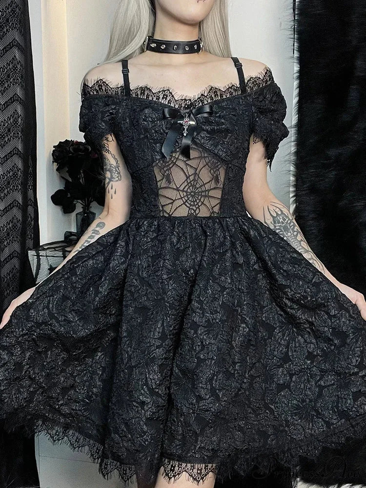 Goth Y2K Fairy Grunge Aesthetic Lace Pattern Spider Web See Through Jacquard Off Shoulder Dress - Image 6