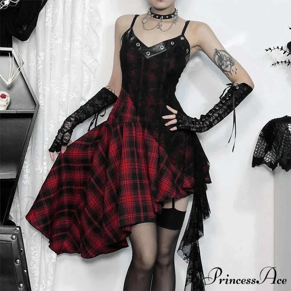 Harajuku Gothic Plaid Y2K 2000s Lace Patchwork Spaghetti Strap Streetwear V-Neck Gothic Dress - Image 3