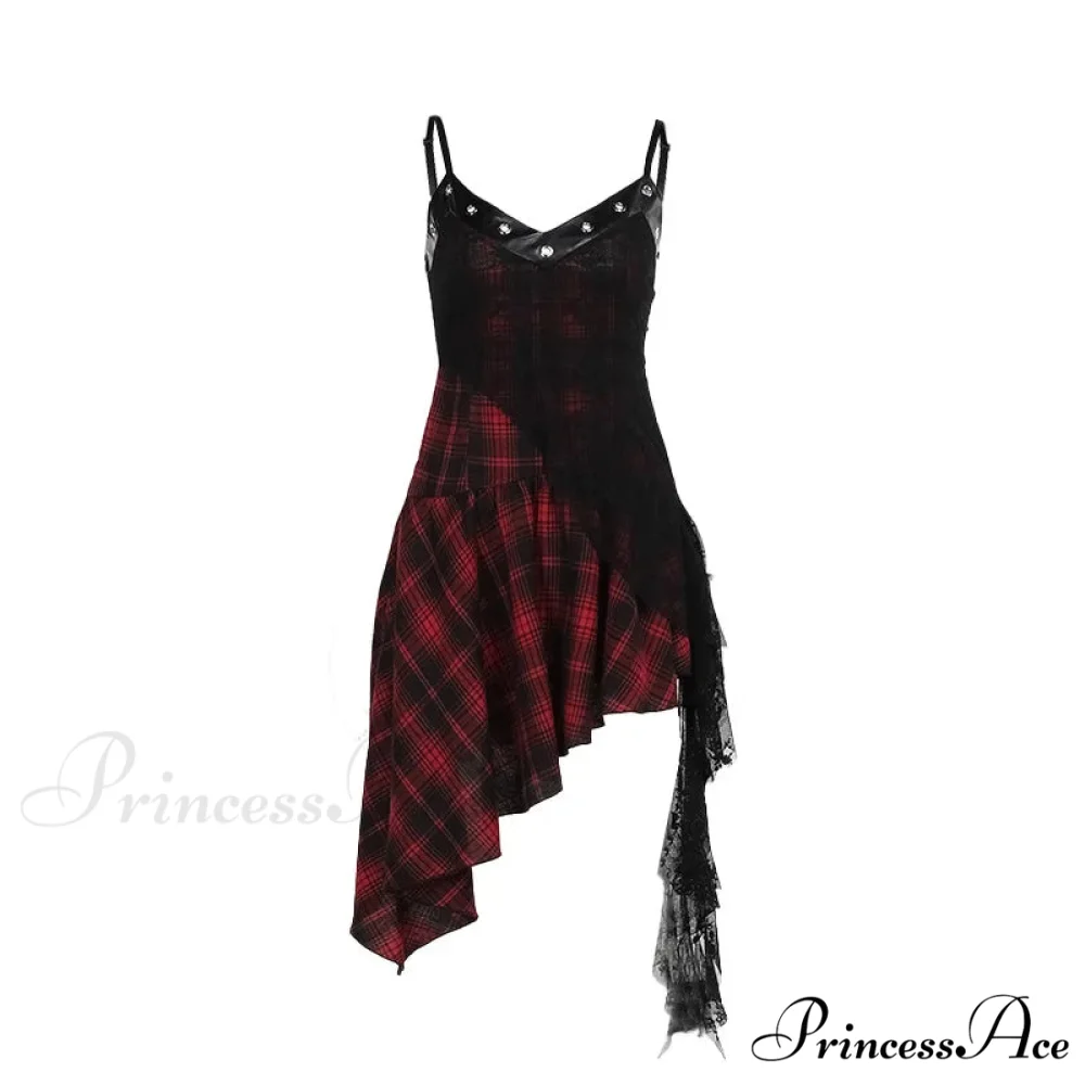 Harajuku Gothic Plaid Y2K 2000s Lace Patchwork Spaghetti Strap Streetwear V-Neck Gothic Dress - Image 5