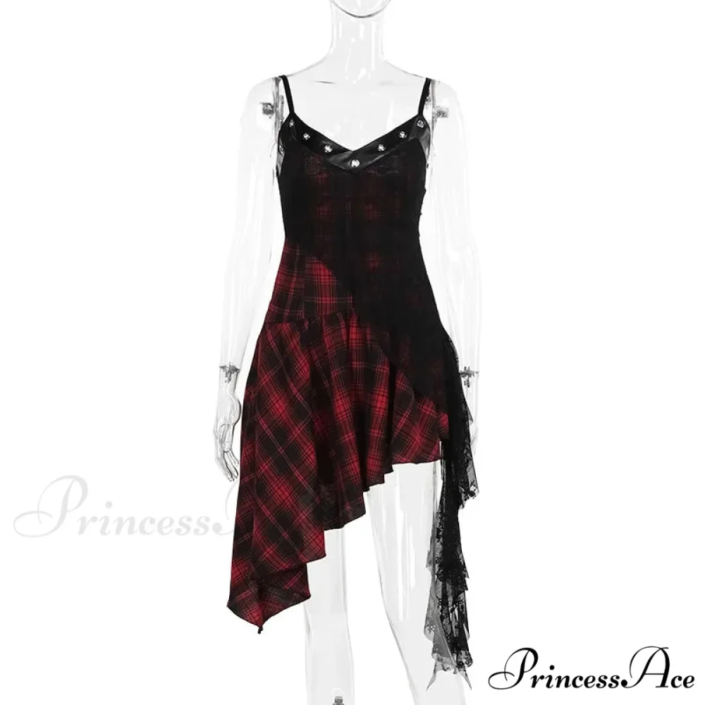 Harajuku Gothic Plaid Y2K 2000s Lace Patchwork Spaghetti Strap Streetwear V-Neck Gothic Dress - Image 6