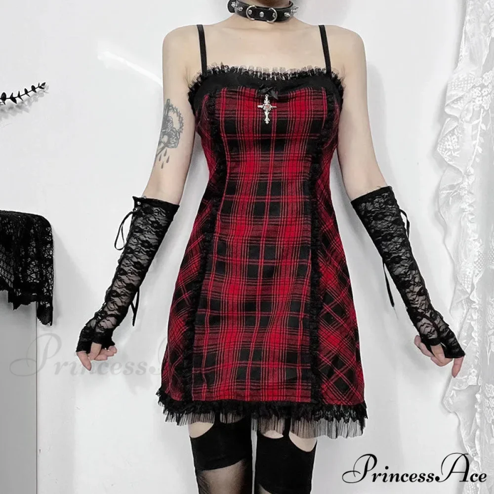 Gothic High Waist Plaid Halter Vintage Retro Grunge Aesthetics Contrast Swing Party Dress - Image 4