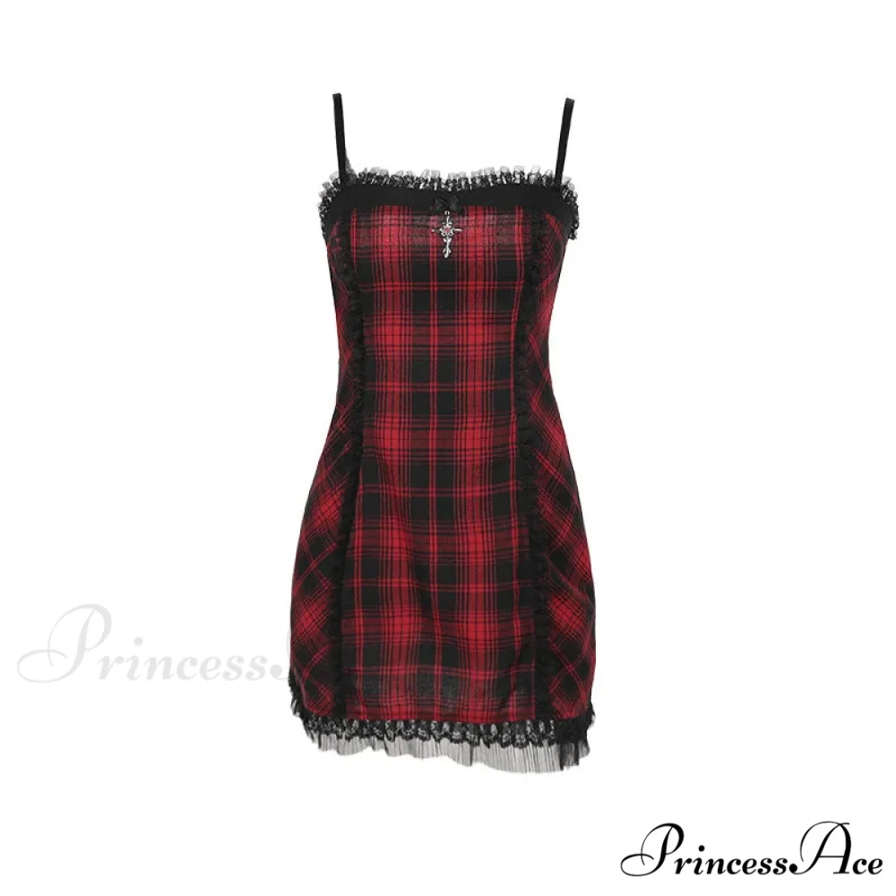 Gothic High Waist Plaid Halter Vintage Retro Grunge Aesthetics Contrast Swing Party Dress - Image 5