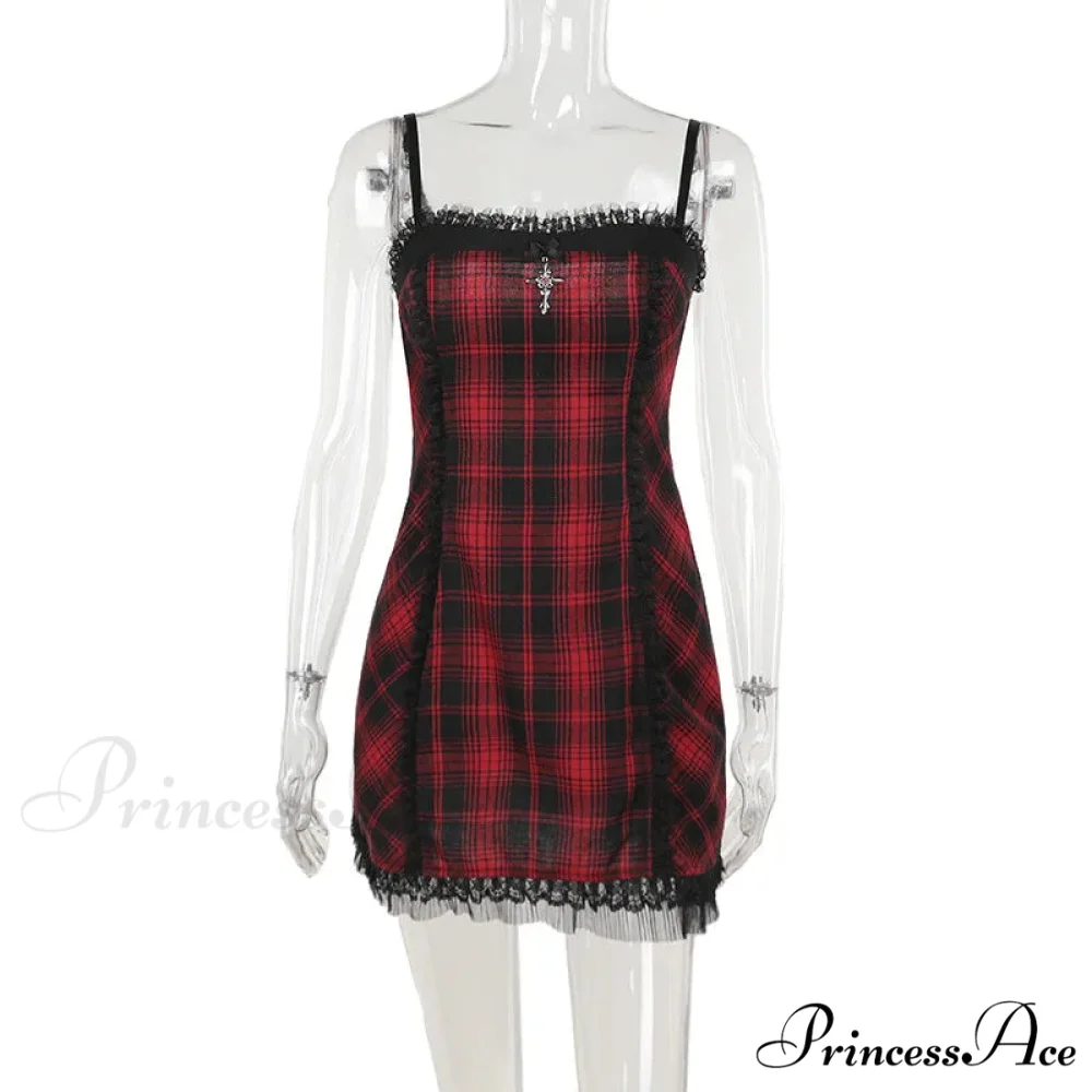Gothic High Waist Plaid Halter Vintage Retro Grunge Aesthetics Contrast Swing Party Dress - Image 6