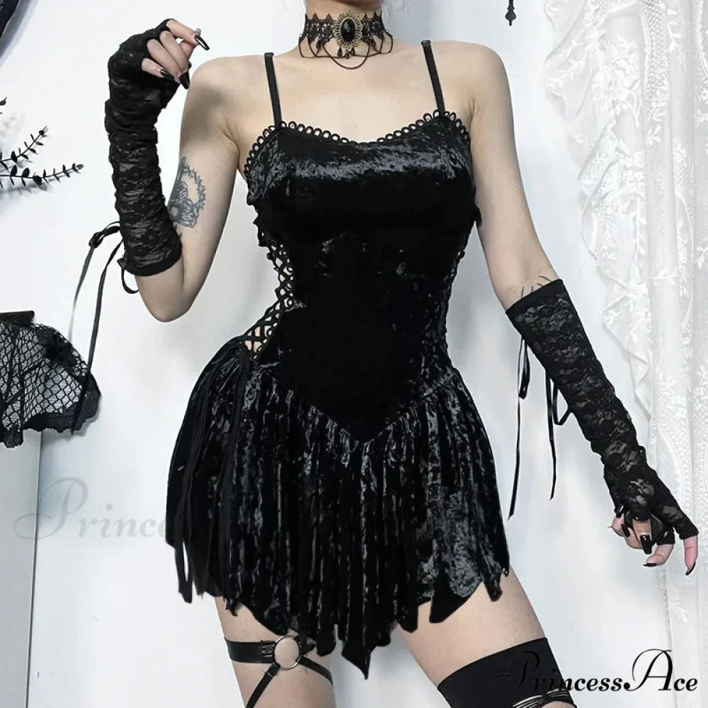 Gothic Hollow Out Spaghetti Straps Velvet Sexy Sleeveless V Neck Backless Bodycon Dress - Image 4