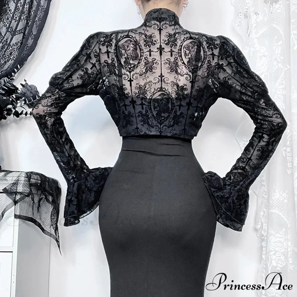 Long Sleeves Smock Vintage Black Lace Flare Sleeve Cosplay Cardigan - Image 3