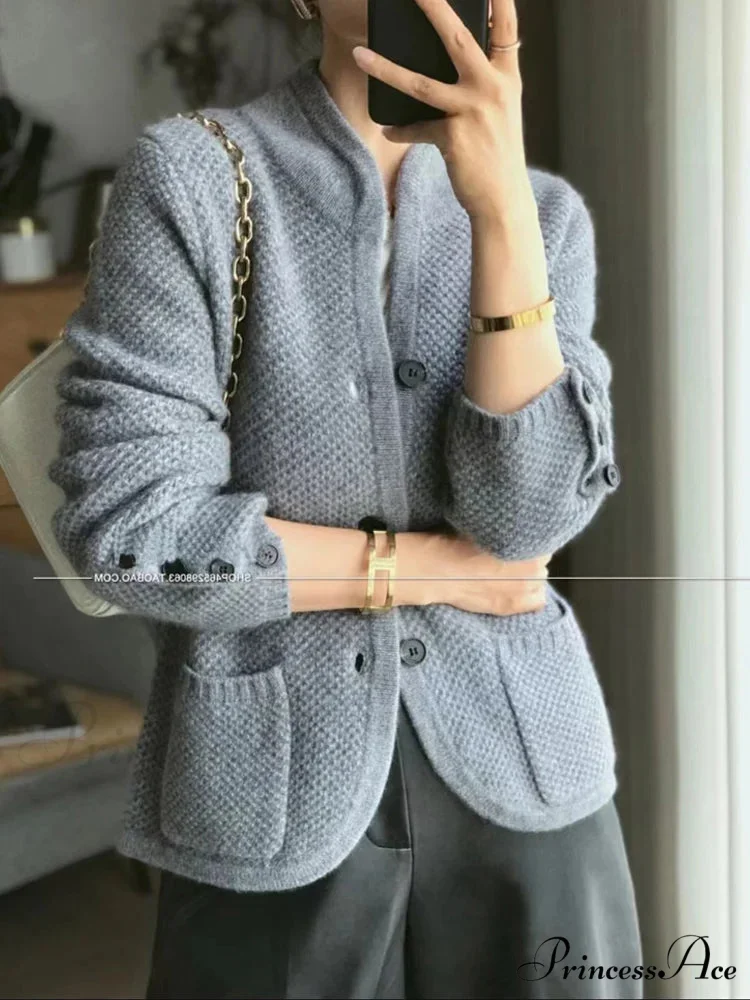 High-end Cashmere Wool Long Sleeve Half Collar Cardigan - Image 2