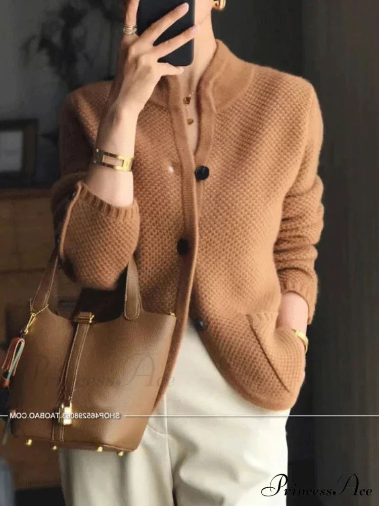 High-end Cashmere Wool Long Sleeve Half Collar Cardigan - Image 4