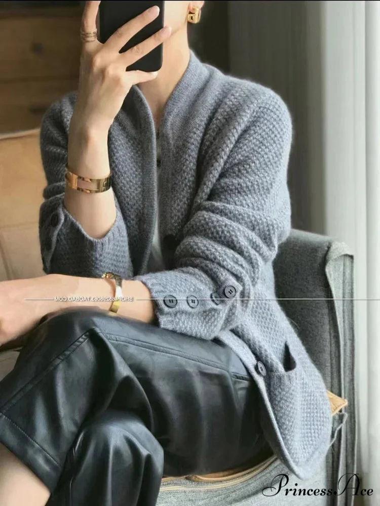 High-end Cashmere Wool Long Sleeve Half Collar Cardigan - Image 5