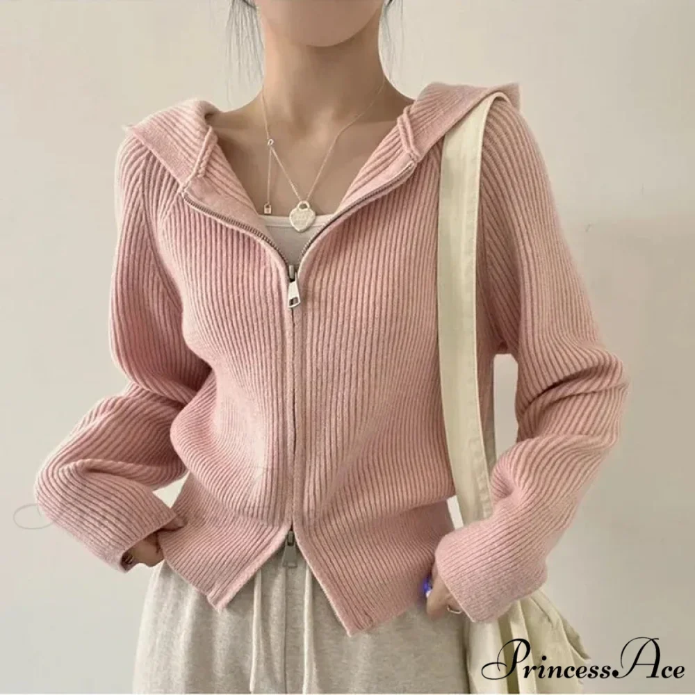 Autumn Winter Long Sleeve Short Loose Solid Knitted Zipper Cardigan - Image 2