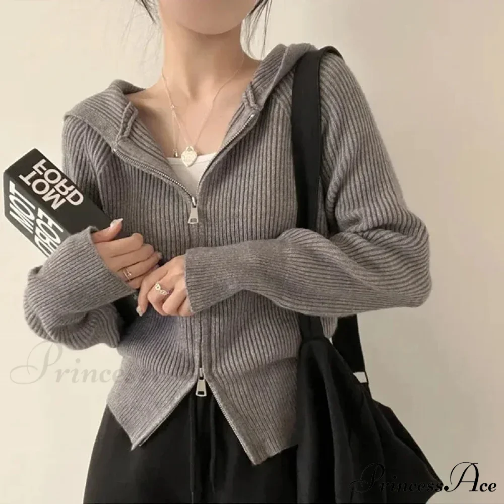 Autumn Winter Long Sleeve Short Loose Solid Knitted Zipper Cardigan - Image 3