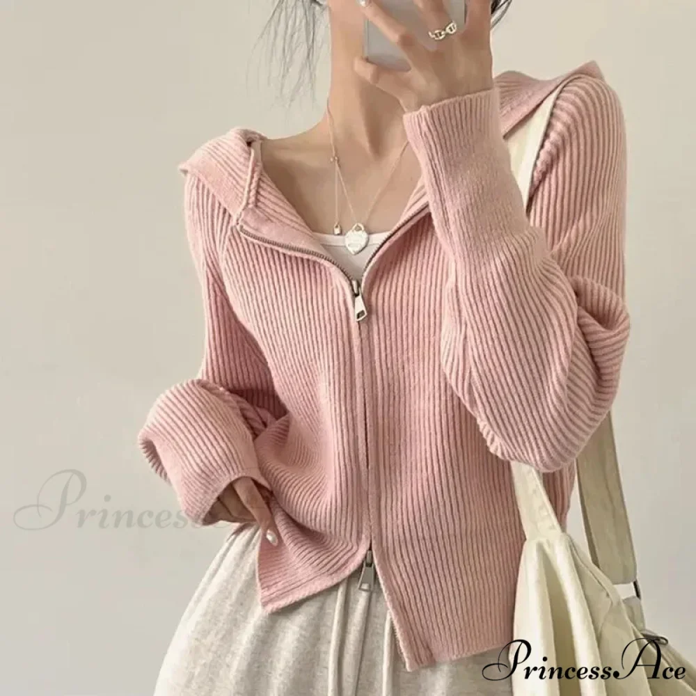 Autumn Winter Long Sleeve Short Loose Solid Knitted Zipper Cardigan - Image 4