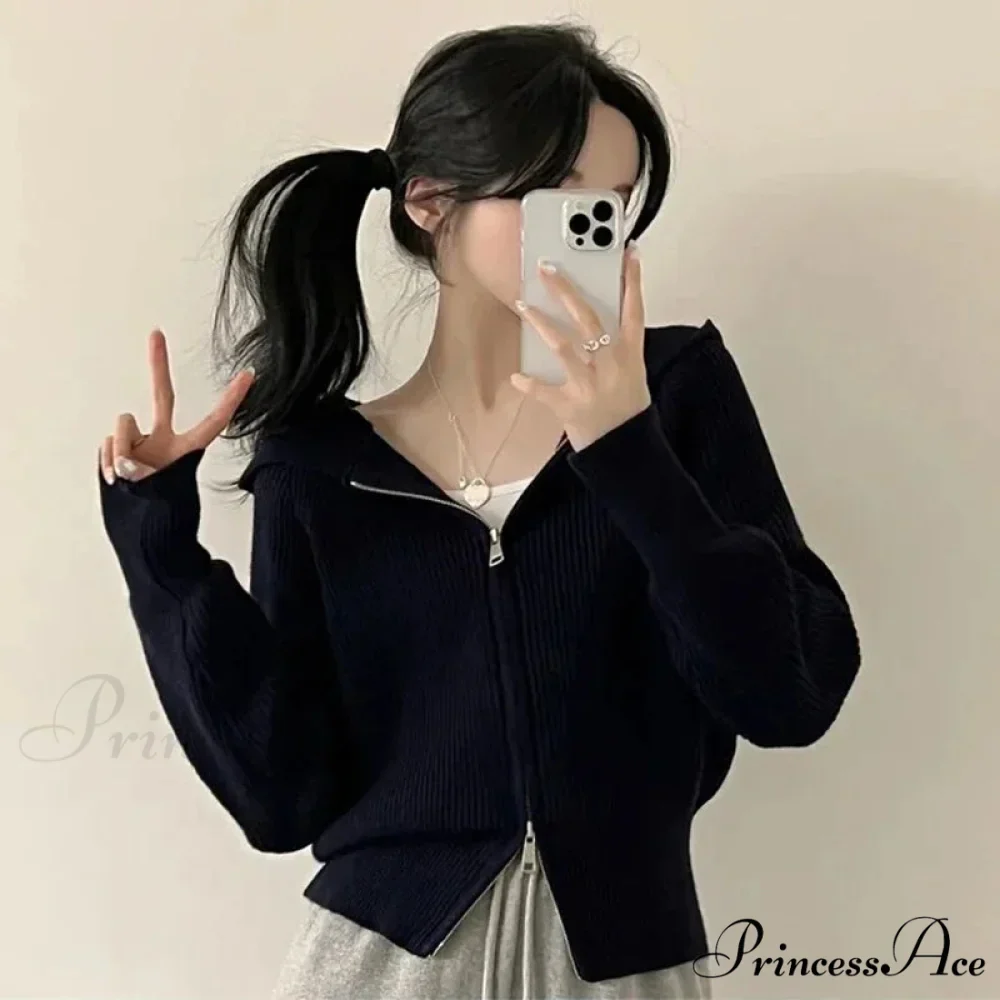 Autumn Winter Long Sleeve Short Loose Solid Knitted Zipper Cardigan - Image 5