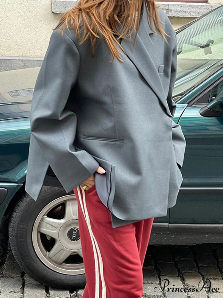 Casual Oversized Luxury One Button Notched Slit Shoulder Pads Blazer - Image 5