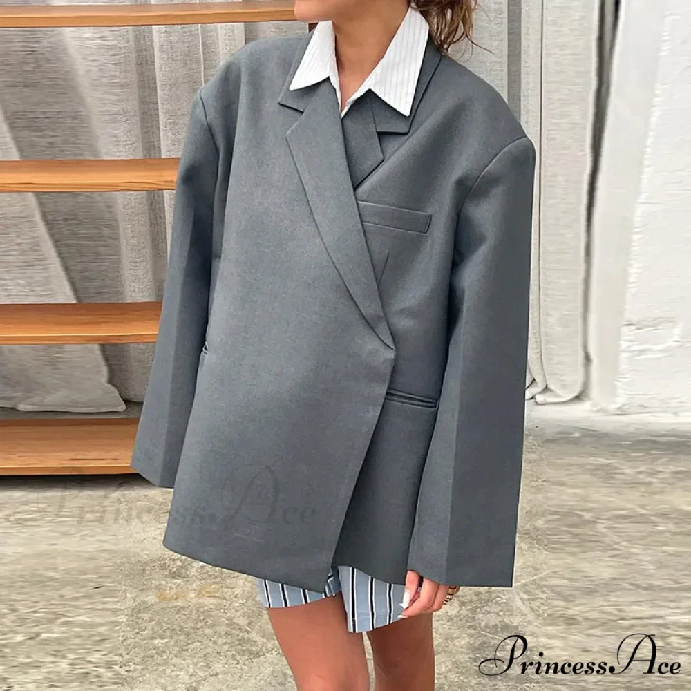 Casual Oversized Luxury One Button Notched Slit Shoulder Pads Blazer - Image 7