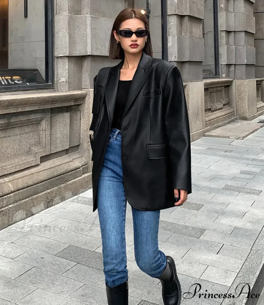 Vintage Black High Quality Leather Loose Biker Casual Long Sleeve Pocket Oversized Blazer - Image 2