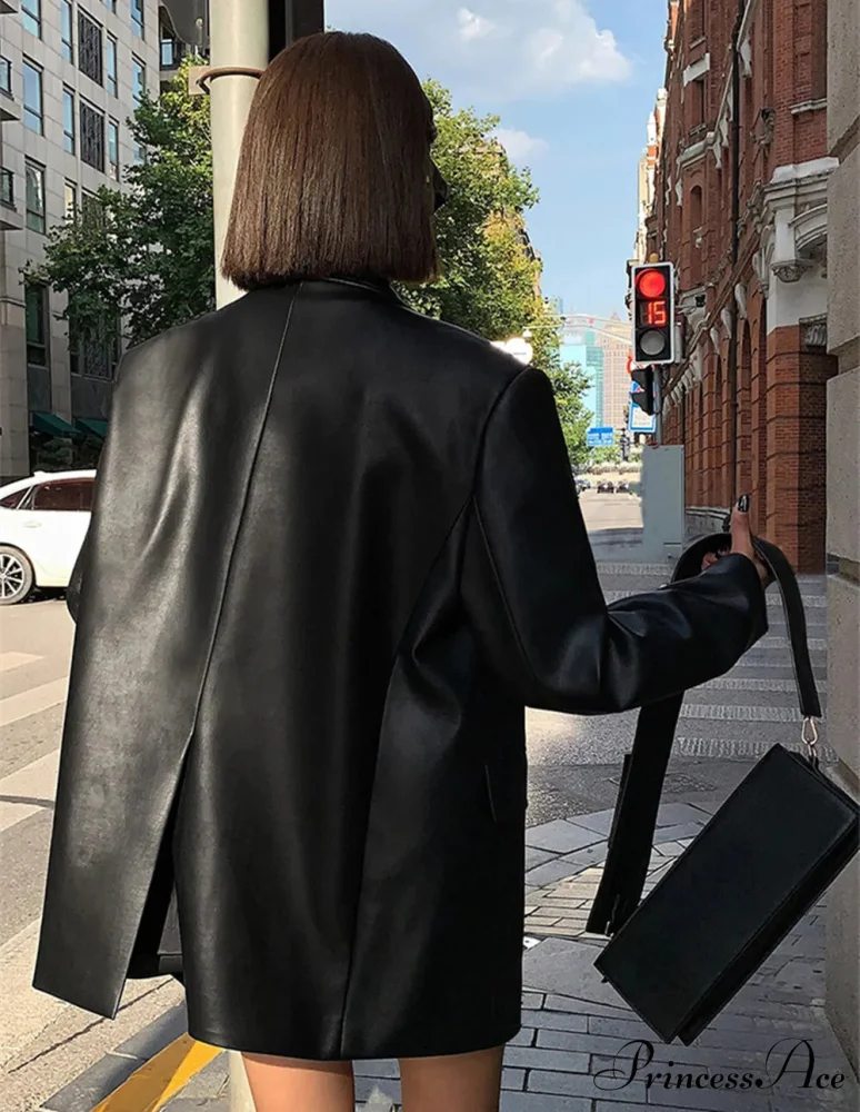 Vintage Black High Quality Leather Loose Biker Casual Long Sleeve Pocket Oversized Blazer - Image 3