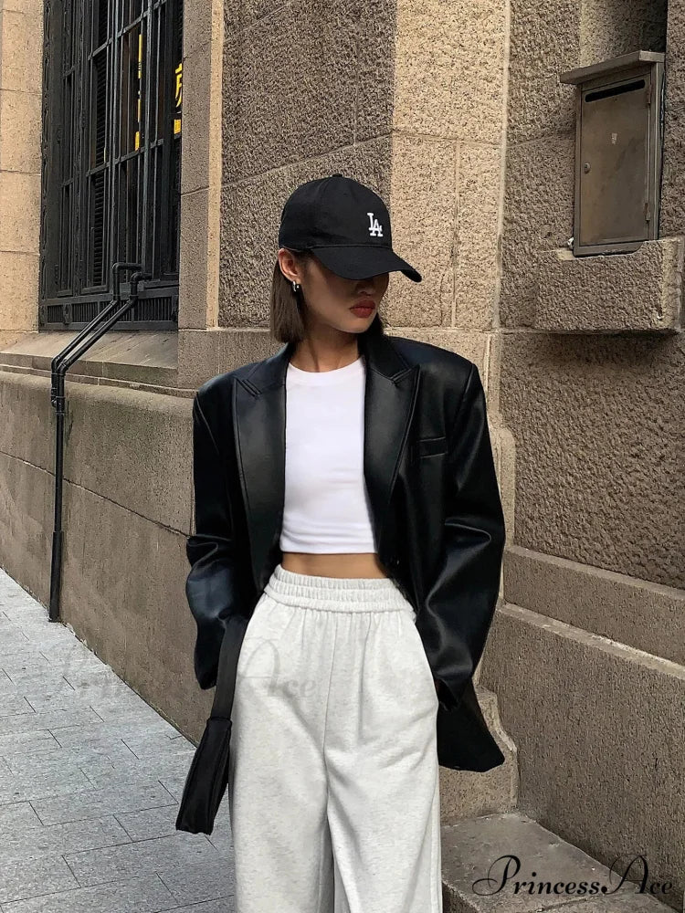 Vintage Black High Quality Leather Loose Biker Casual Long Sleeve Pocket Oversized Blazer - Image 4