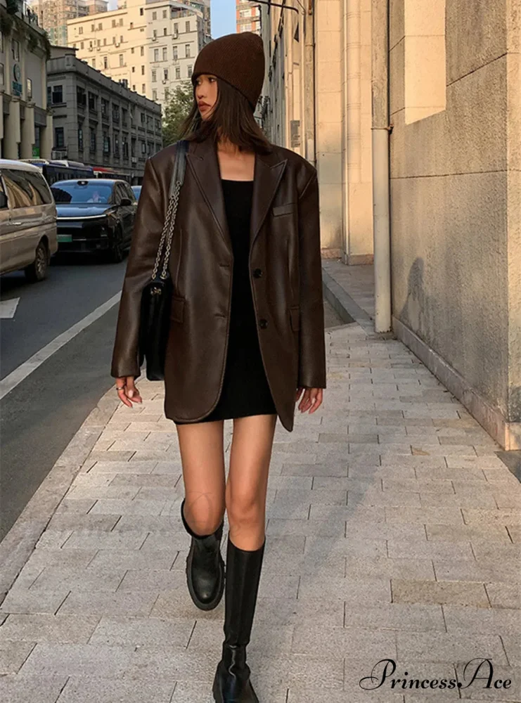 Vintage Black High Quality Leather Loose Biker Casual Long Sleeve Pocket Oversized Blazer - Image 5