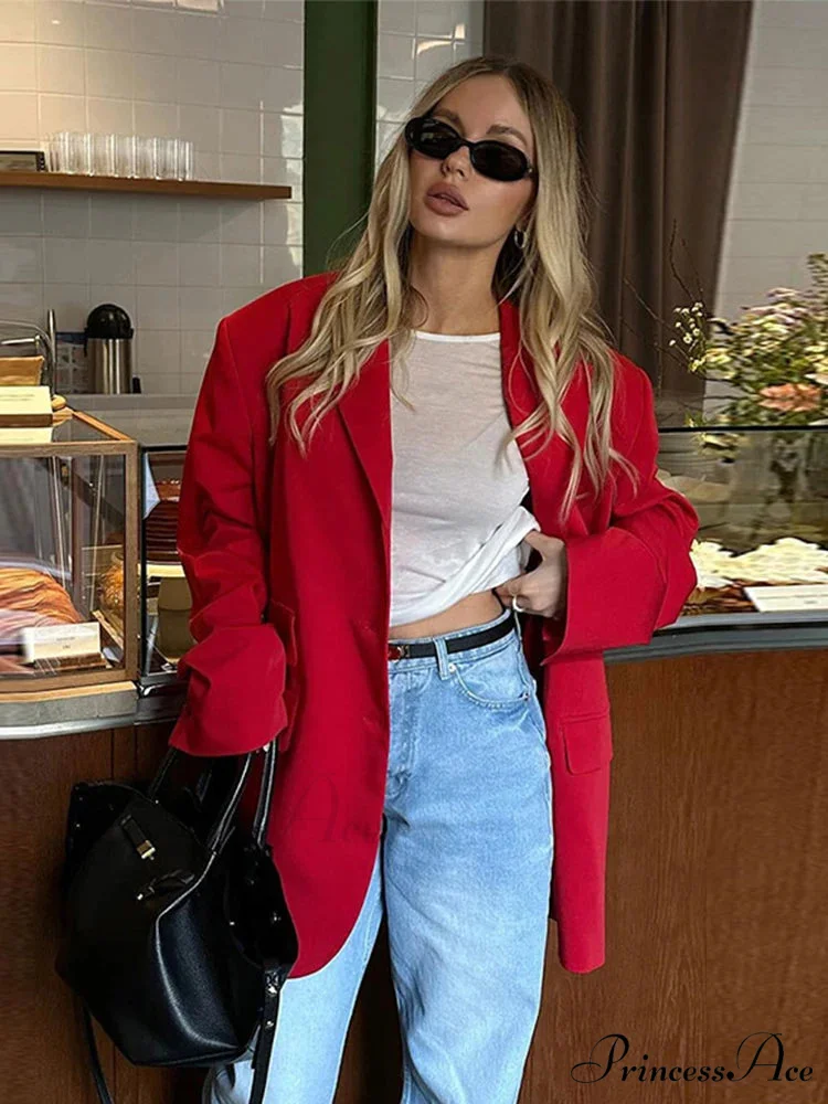 Elegant Red Loose Lapel Long Sleeve Single Breasted Pocket Pad Blazer - Image 2