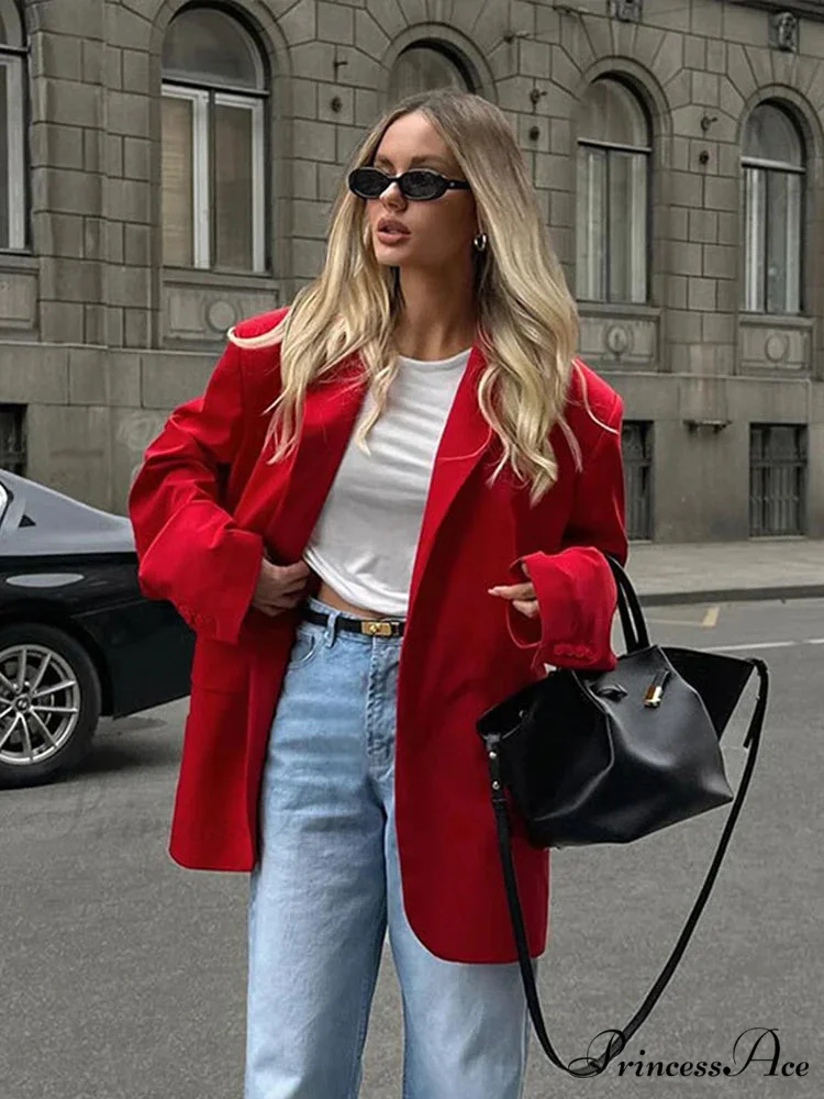 Elegant Red Loose Lapel Long Sleeve Single Breasted Pocket Pad Blazer - Image 3