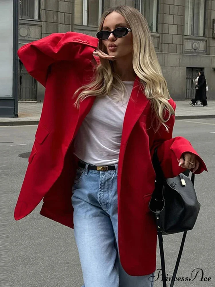 Elegant Red Loose Lapel Long Sleeve Single Breasted Pocket Pad Blazer - Image 4