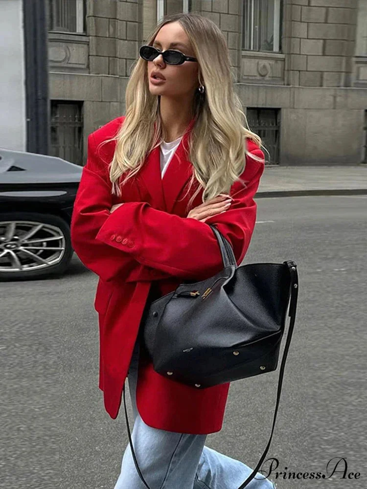 Elegant Red Loose Lapel Long Sleeve Single Breasted Pocket Pad Blazer - Image 5