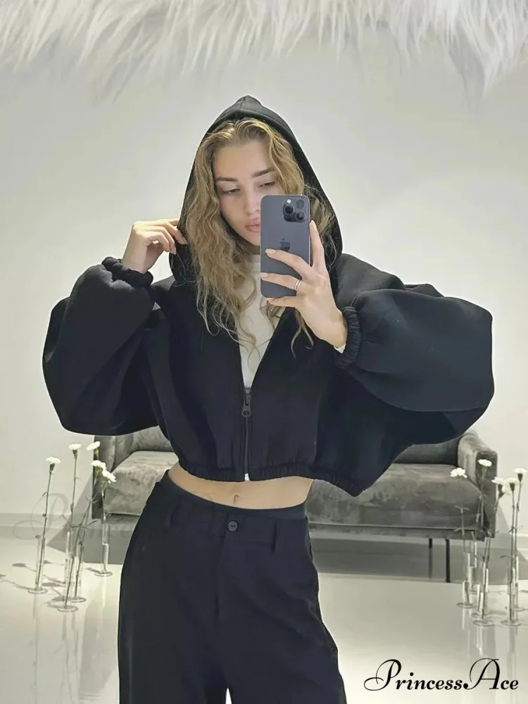 Fashionable Cropped Cozy Solid Color Loose Hoodie - Image 2