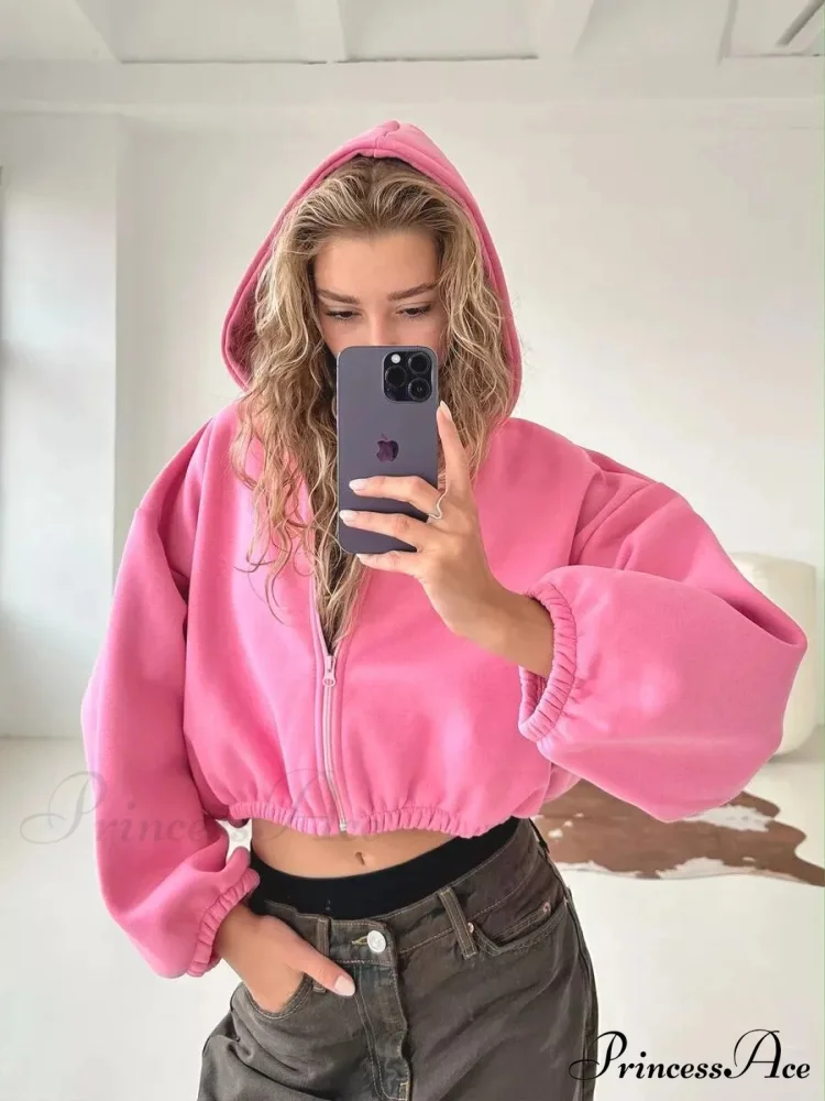 Fashionable Cropped Cozy Solid Color Loose Hoodie - Image 6