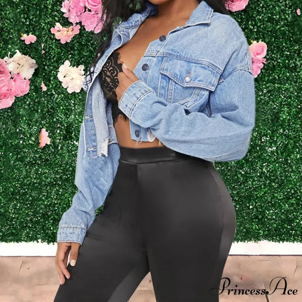 Cotton Denim Spring Autumn Cardigan Punk Bomber Windbreaker Hollow Out Jacket - Image 2