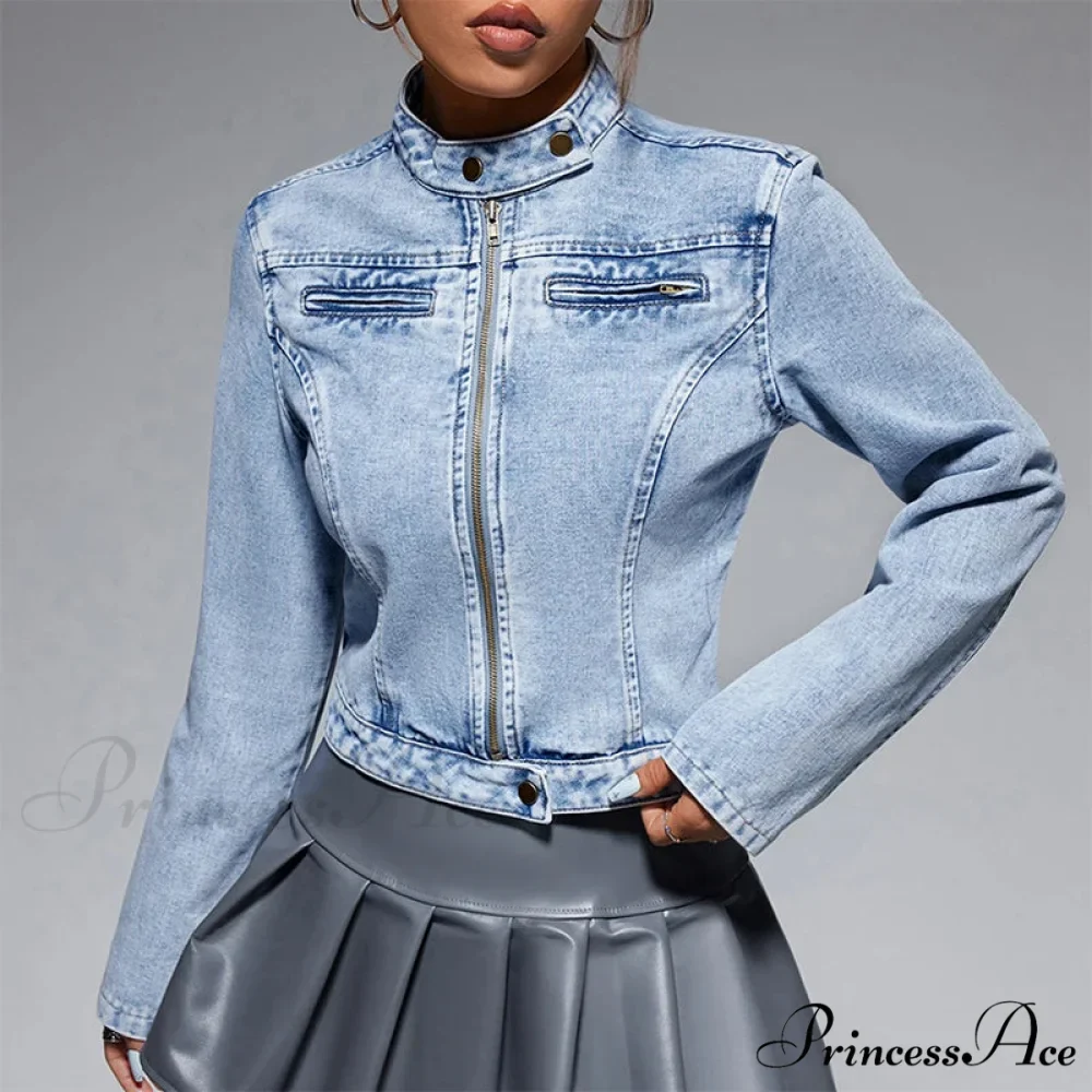Streetwear Denim Cropped Gothic Button Ripped Bomber Long Sleeve Jacket - Image 2