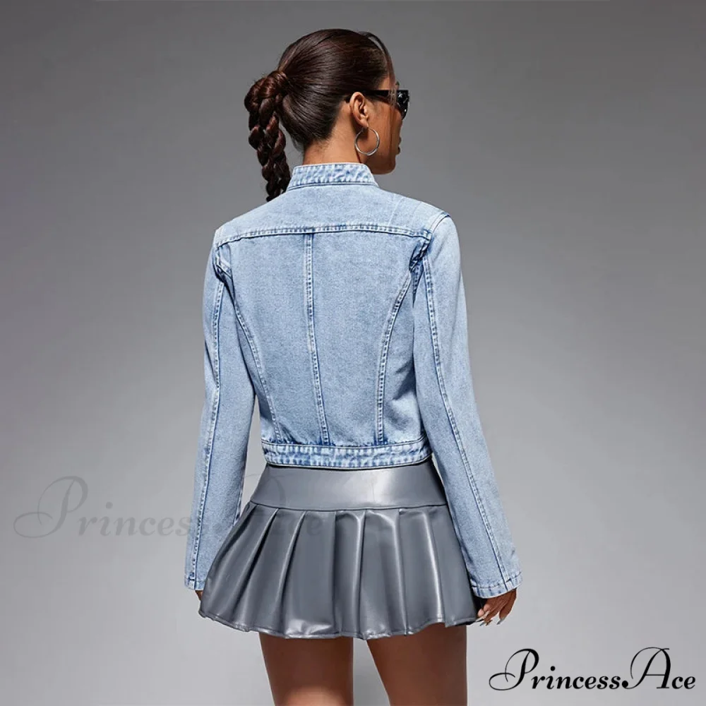 Streetwear Denim Cropped Gothic Button Ripped Bomber Long Sleeve Jacket - Image 4