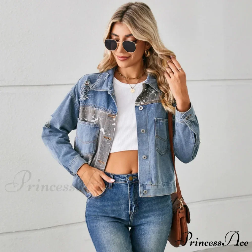 2024 Autumn Denim Stand Collar Patchwork Slim Fit High Waist Jacket - Image 2