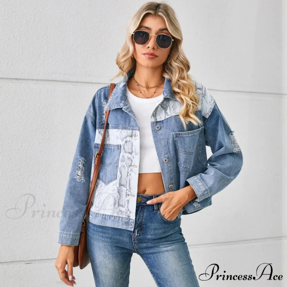 2024 Autumn Denim Stand Collar Patchwork Slim Fit High Waist Jacket - Image 3