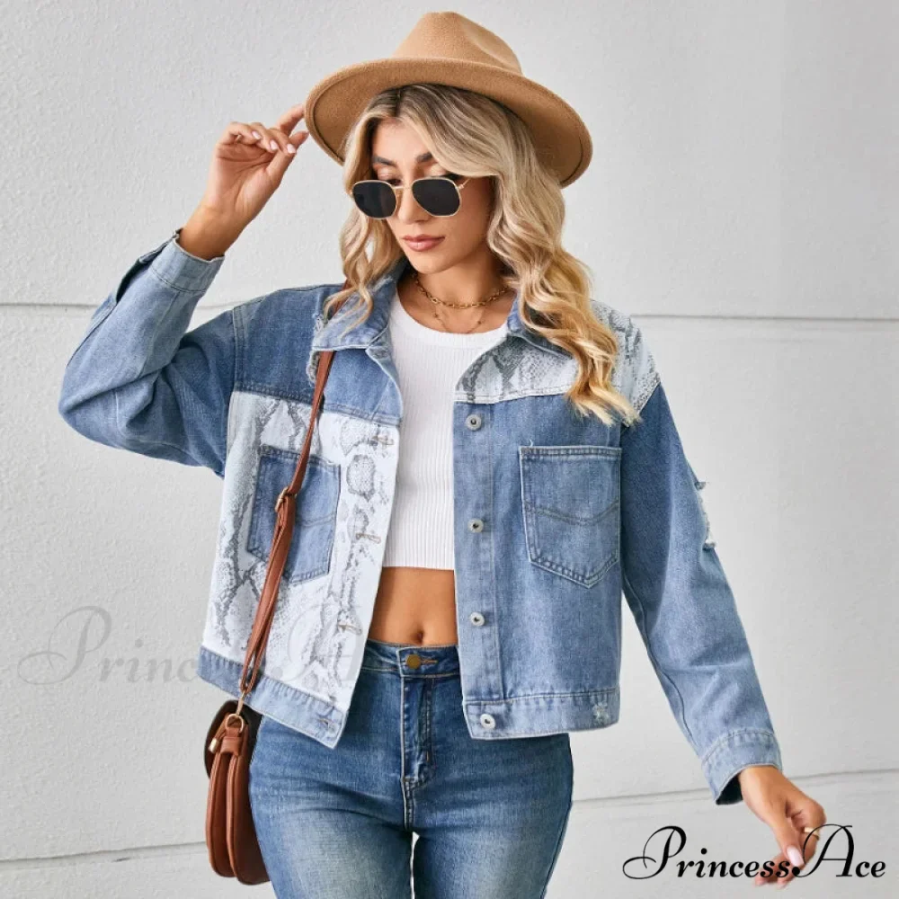 2024 Autumn Denim Stand Collar Patchwork Slim Fit High Waist Jacket - Image 4