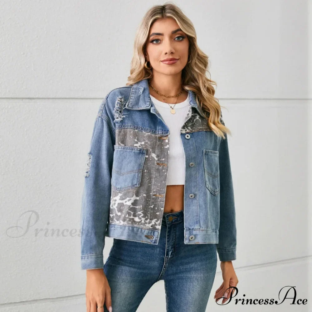 2024 Autumn Denim Stand Collar Patchwork Slim Fit High Waist Jacket - Image 5