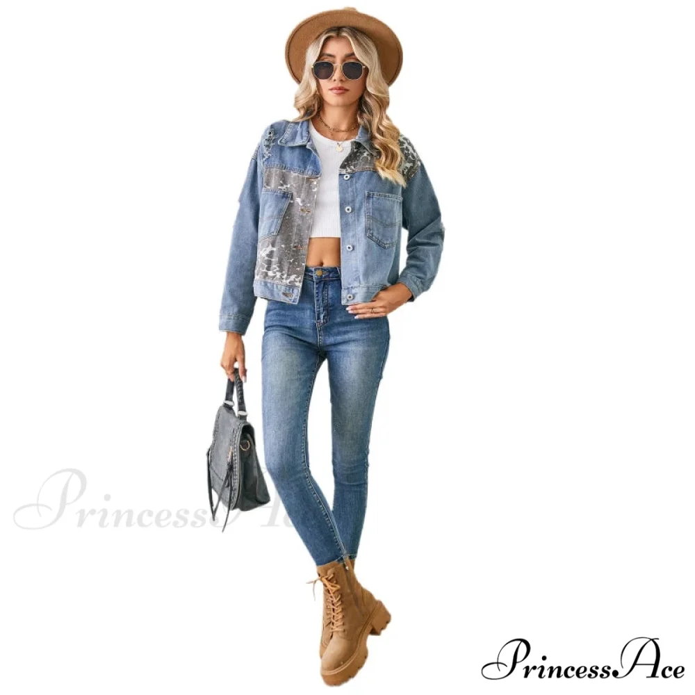 2024 Autumn Denim Stand Collar Patchwork Slim Fit High Waist Jacket - Image 6