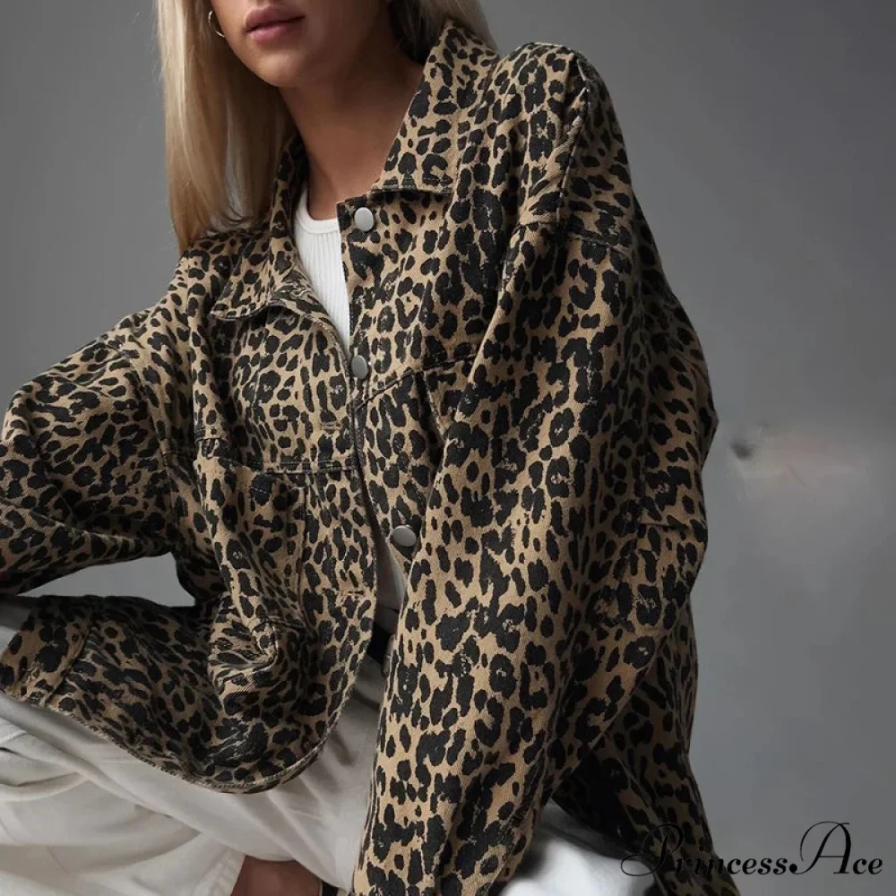 2024 Autumn Winter New Denim Long-sleeved Leopard Stitching Slim Fit Jacket - Image 2
