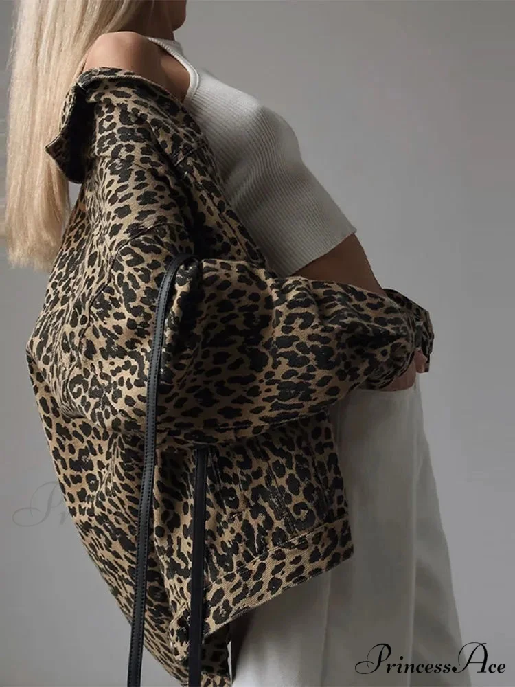 2024 Autumn Winter New Denim Long-sleeved Leopard Stitching Slim Fit Jacket - Image 3