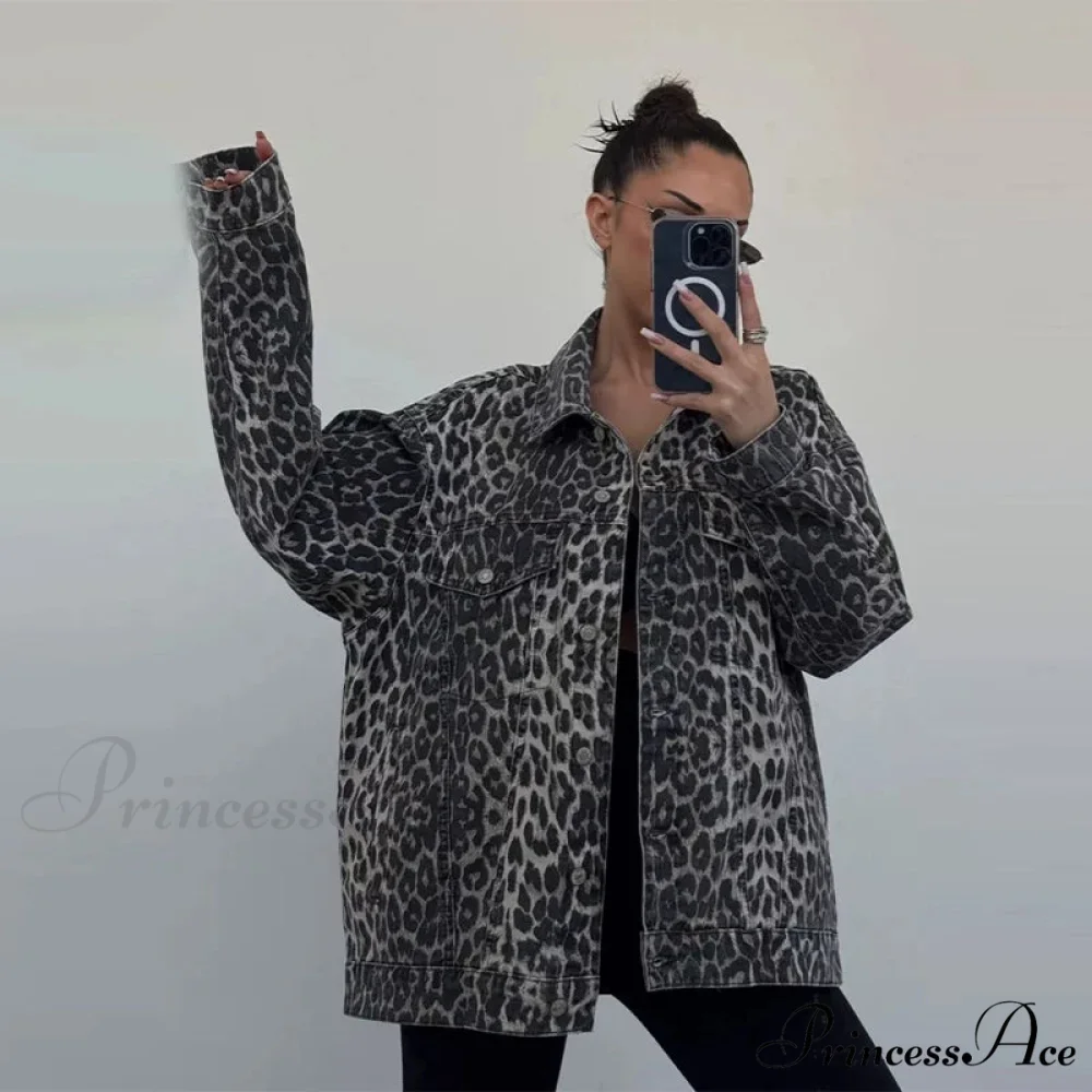 2024 Autumn Winter New Denim Long-sleeved Leopard Stitching Slim Fit Jacket - Image 4