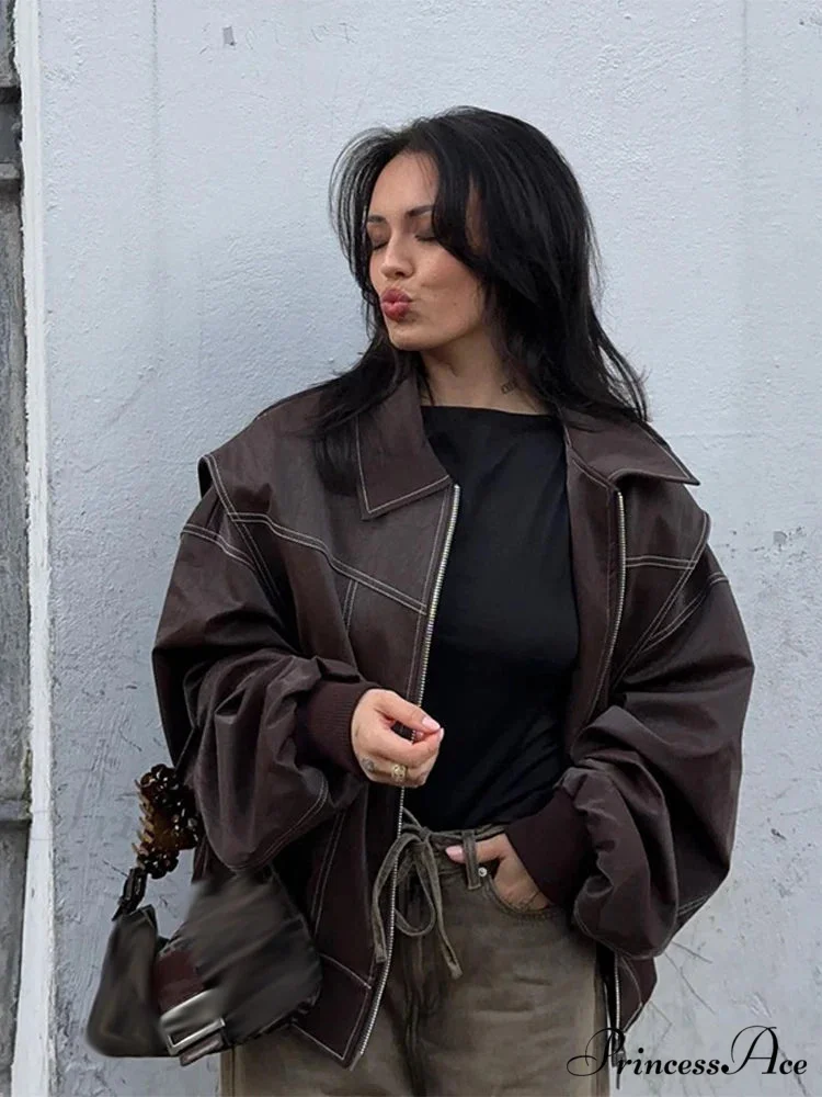 Autumn Leather Oversize Long Sleeve Turn-down Collar Fashion Casual Jacket - Image 5