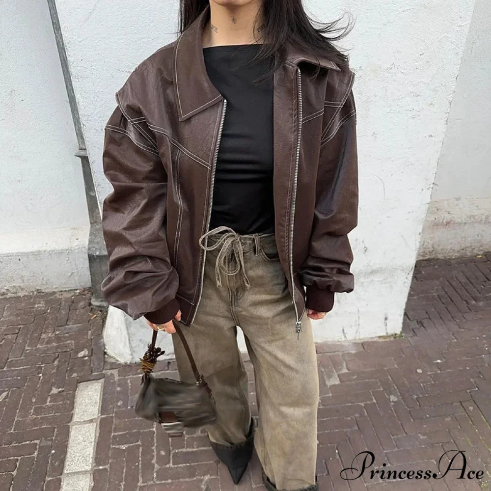 Autumn Leather Oversize Long Sleeve Turn-down Collar Fashion Casual Jacket - Image 8