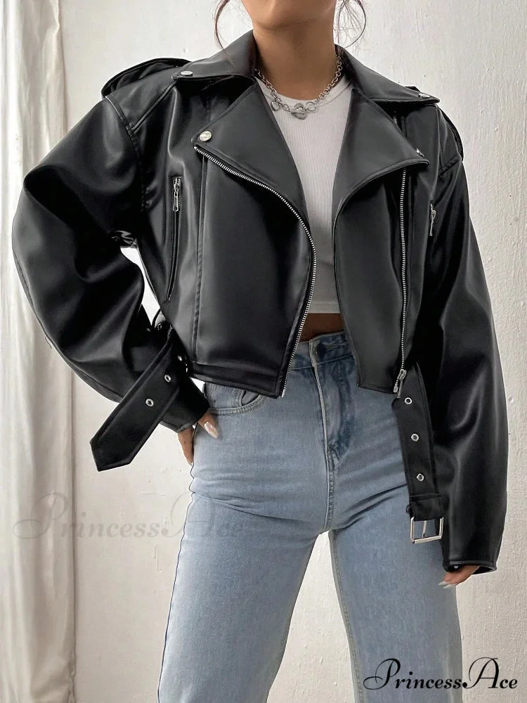 Spring Autumn Casual Lapel Zipper PU Leather High Street Motorcycle Jacket - Image 2
