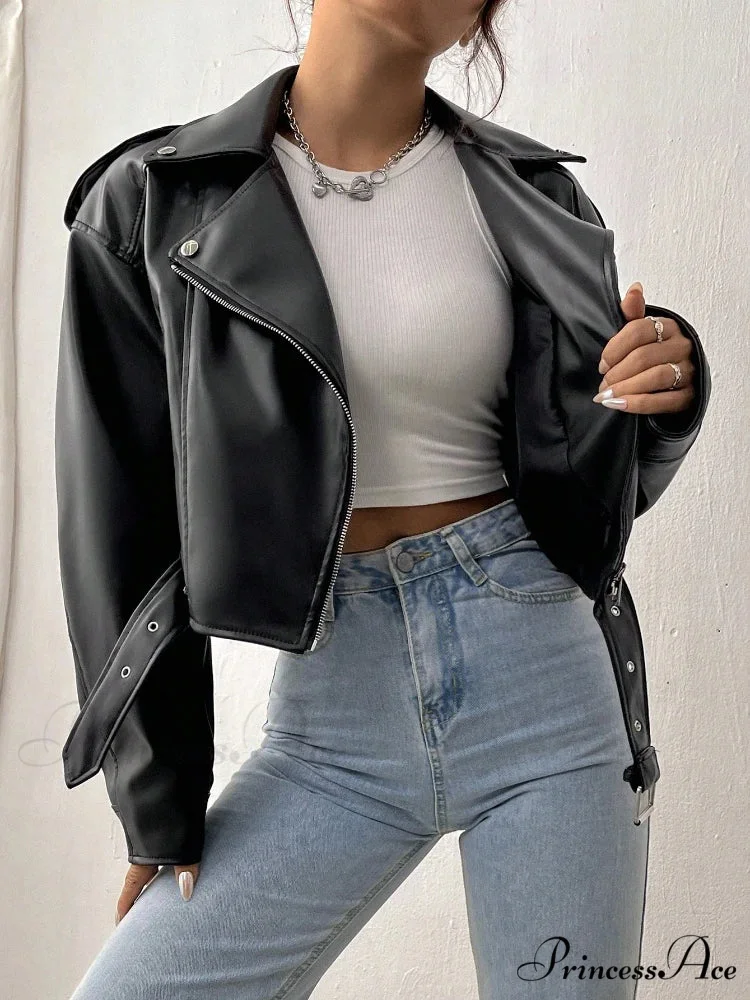 Spring Autumn Casual Lapel Zipper PU Leather High Street Motorcycle Jacket - Image 4