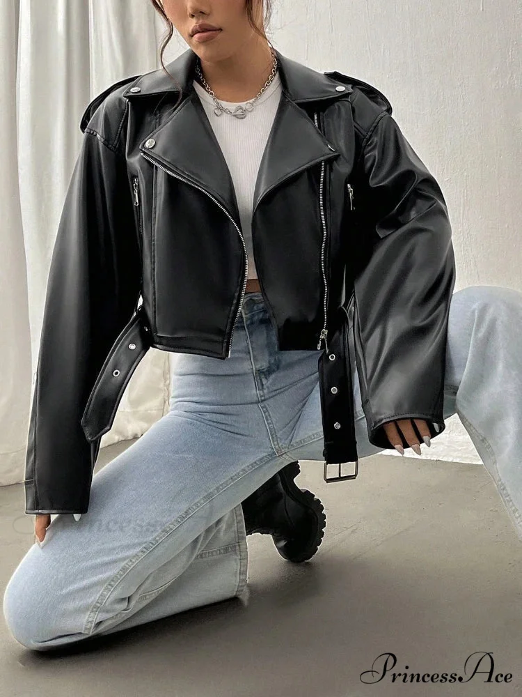 Spring Autumn Casual Lapel Zipper PU Leather High Street Motorcycle Jacket - Image 5